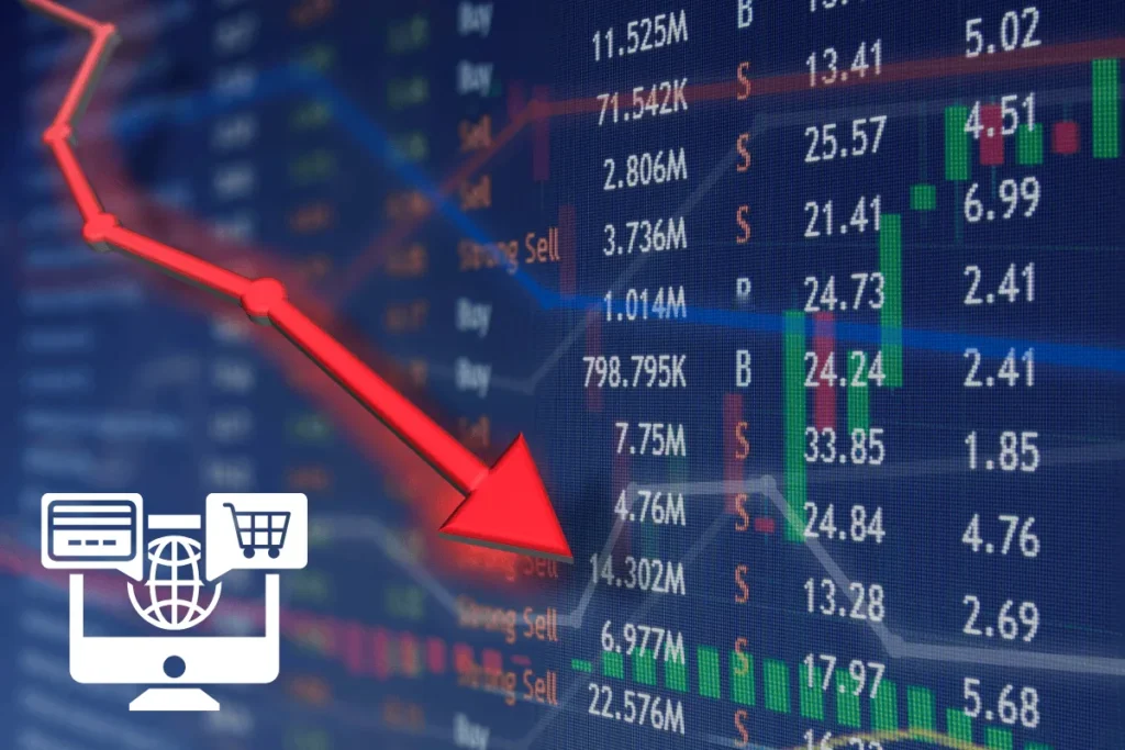 Amazon’un uzun süre kâr etmemesini simgeleyen borsa tablosu ve aşağı yönlü kırmızı grafik