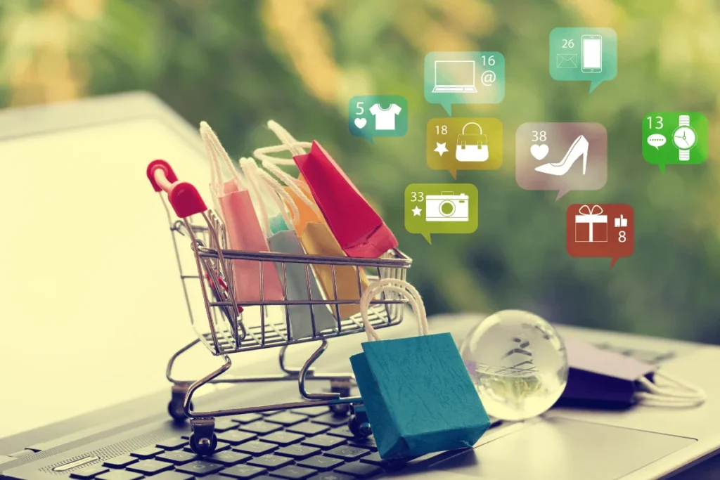 E-ticaret nedir ve online alışverişi simgeleyen alışveriş sepeti ve dijital ikonlar