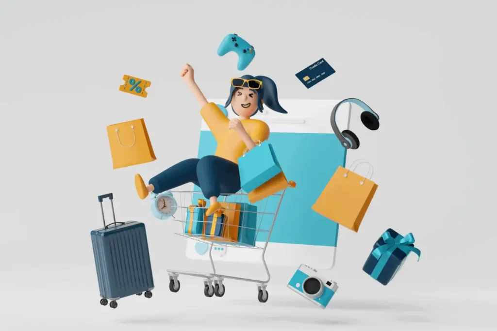 E-ticaret kampanyasıyla alışveriş yapan mutlu kadın, dijital ekran önünde alışveriş sepetinde oturuyor.