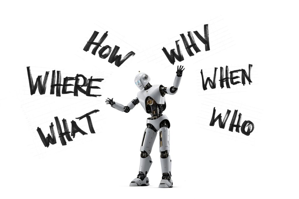 What, Why, How gibi stratejik sorularla çevrili yapay zekâ temalı robot görseli