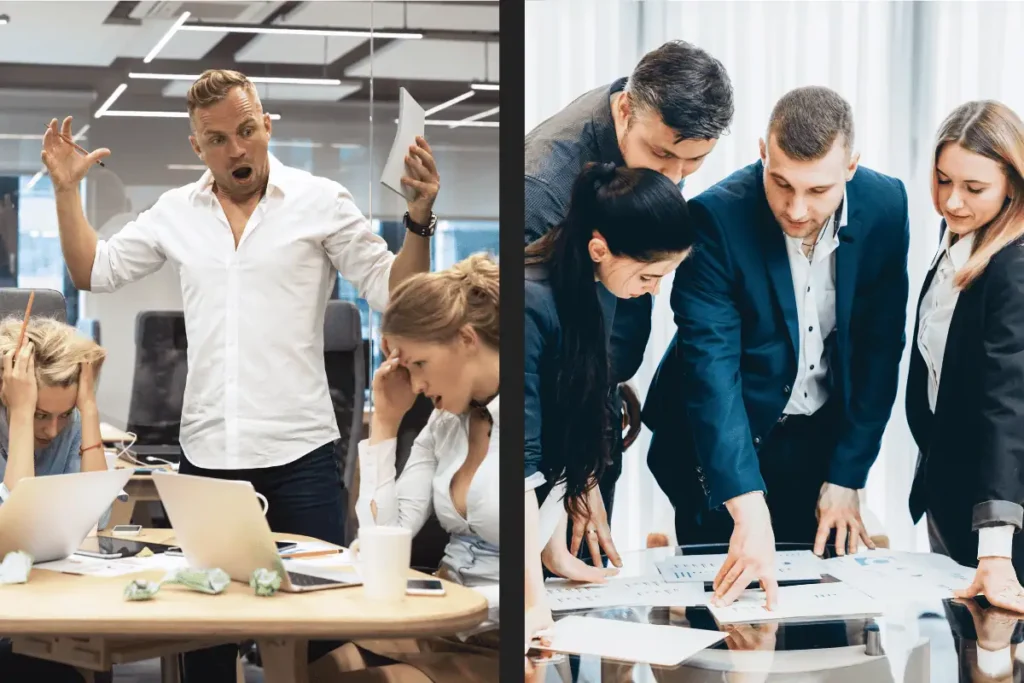Kötü yönetici ve iyi lider arasındaki farkı gösteren görsel: bağıran yönetici ve ekibiyle işbirliği yapan lider