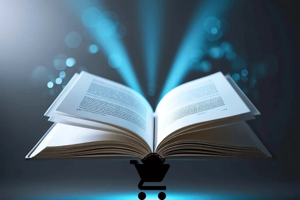 E-ticarette hikayeleştirme tekniğini simgeleyen açık kitap ve alışveriş simgesi görseli