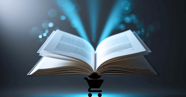 E-ticarette hikayeleştirme tekniğini simgeleyen açık kitap ve alışveriş simgesi görseli