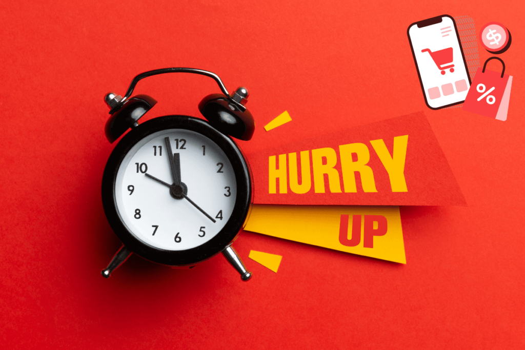 Kıtlık etkisi ile e-ticarette aciliyet duygusunu tetikleyen, kırmızı fon üzerinde saat ve hurry up yazısı.