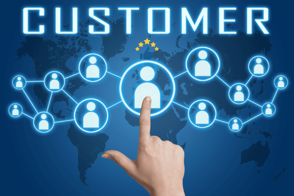 Müşteri odaklılık stratejisini anlatan e-ticaret görseli, kullanıcı merkezli bağlantı ağıyla.