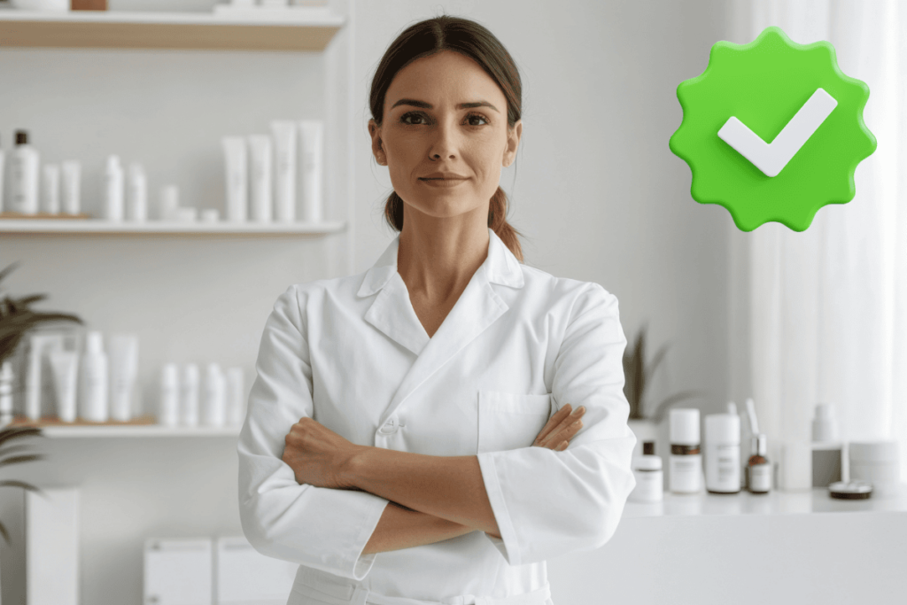 Otorite etkisi e-ticaret örneği: beyaz önlüklü uzman güven veren şekilde kollarını kavuşturmuş duruyor