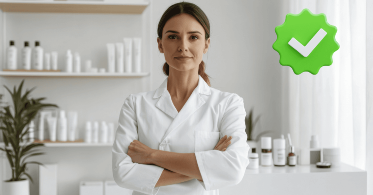 Otorite etkisi e-ticaret örneği: beyaz önlüklü uzman güven veren şekilde kollarını kavuşturmuş duruyor