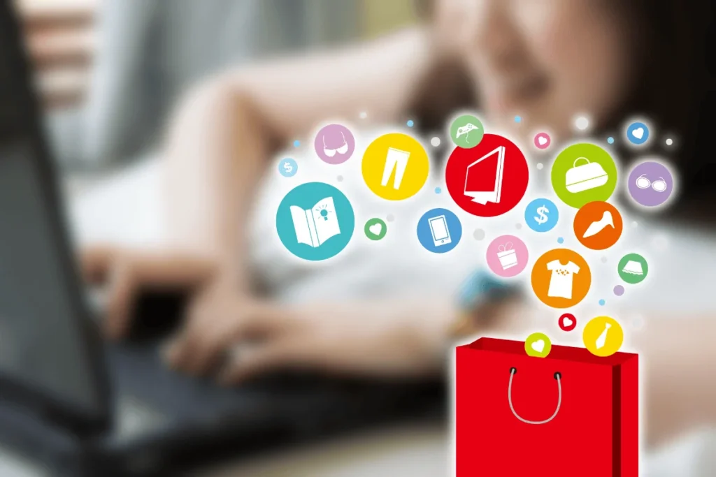 Renk psikolojisi e-ticaret alışveriş davranışlarını etkilerken renkli ikonlar ve kırmızı alışveriş çantası görseli.