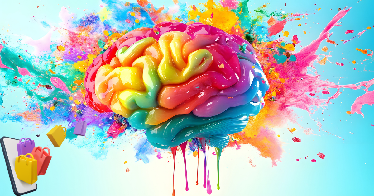 Renk psikolojisi e-ticaret sitelerinde satın alma kararlarını etkileyen beyin ve renk patlaması görseli.