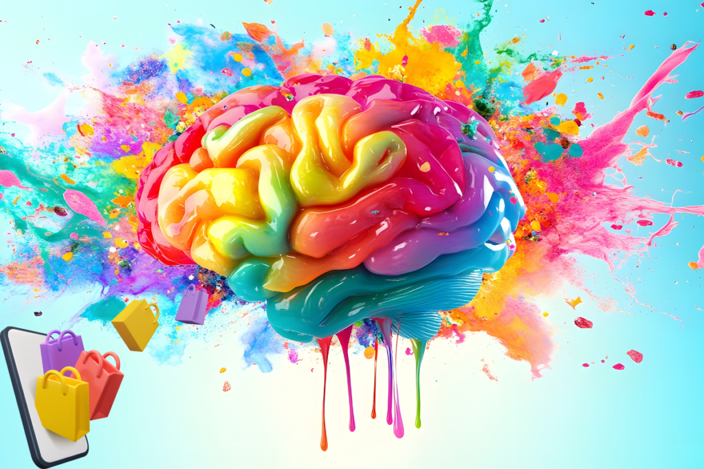 Renk psikolojisi e-ticaret sitelerinde satın alma kararlarını etkileyen beyin ve renk patlaması görseli.