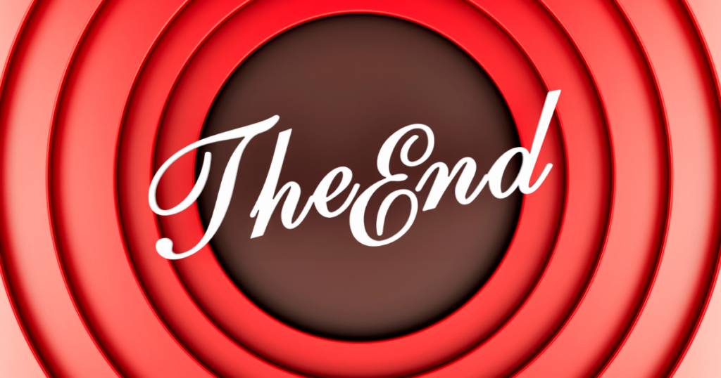 Kırmızı halkalar üzerinde beyaz el yazısıyla "The End" yazan sinema perdesi görseli.