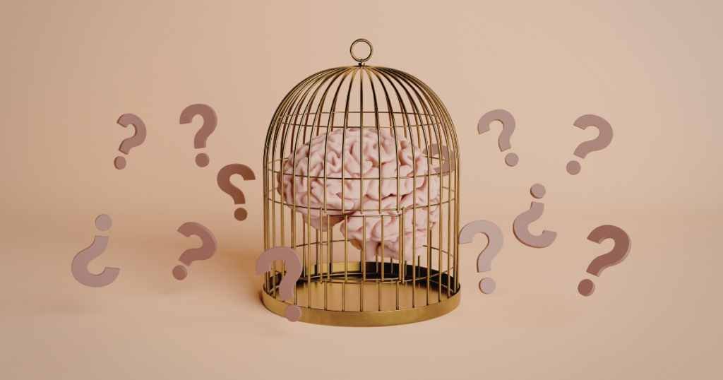 Sınırlı rasyonellik kuramını simgeleyen kafes içindeki insan beyni ve karar verme güçlüğünü temsil eden soru işaretleri.