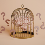 Sınırlı rasyonellik kuramını simgeleyen kafes içindeki insan beyni ve karar verme güçlüğünü temsil eden soru işaretleri.