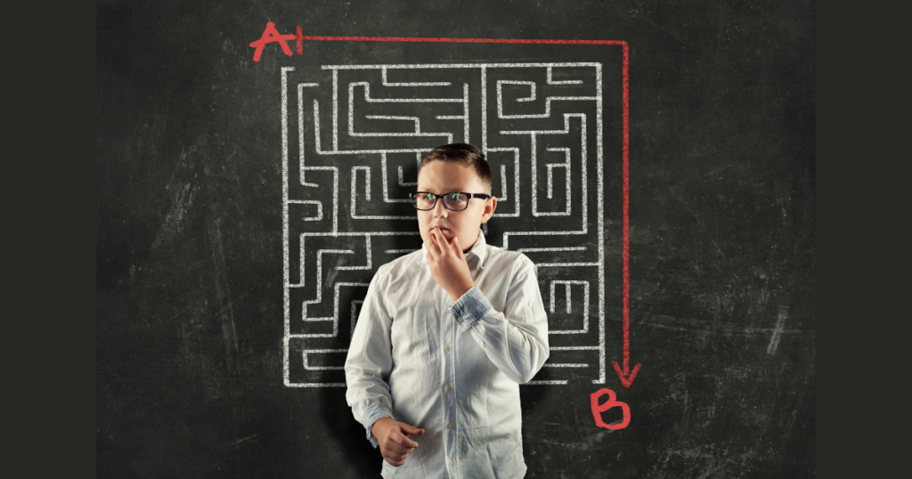 Bir labirentin karşısında duran gözlüklü bir çocuğun, labirenti çözmek yerine zihinsel kısayollar ile kestirme yolu seçmesini gösteren sembolik görsel.