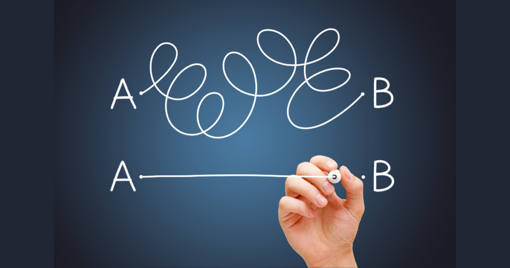 Karmaşık bir süreç ile doğrusal bir çözüm arasındaki farkı gösteren, zihinsel kısayollar mekanizmasını simgeleyen illüstrasyon.